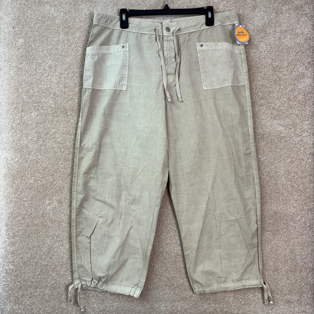 NWT FRESH PRODUCE Capri Pants Womens XL Beige Cotton Drawstring Crop